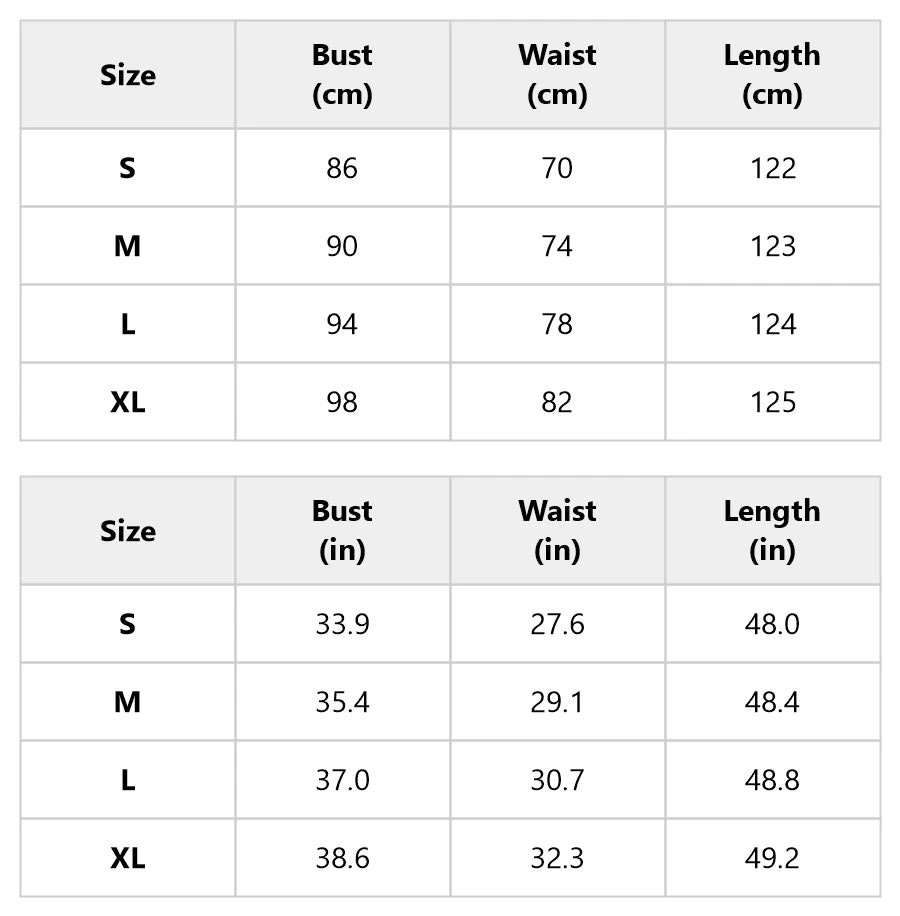 Size chart for the adjustable-tie halter maxi dress with flowing skirt