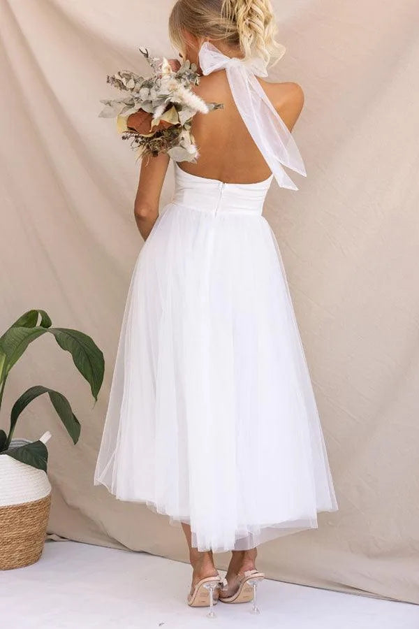 Women's adjustable-tie halter maxi dress with flowing skirt, white, back view