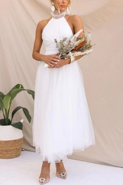 Women's adjustable-tie halter maxi dress with flowing skirt, white, front view
