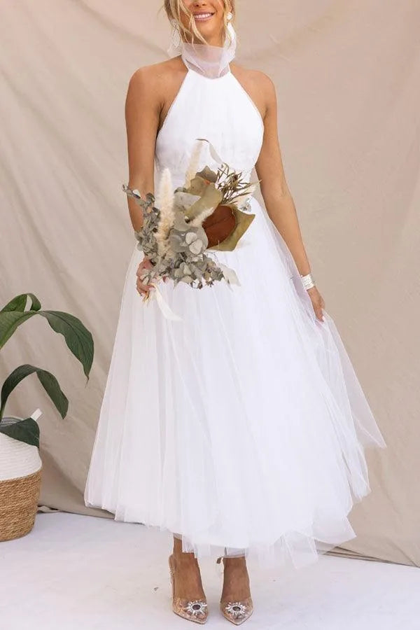 Women's adjustable-tie halter maxi dress with flowing skirt, white, front view