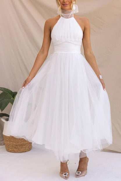 Women's adjustable-tie halter maxi dress with flowing skirt, white, front view