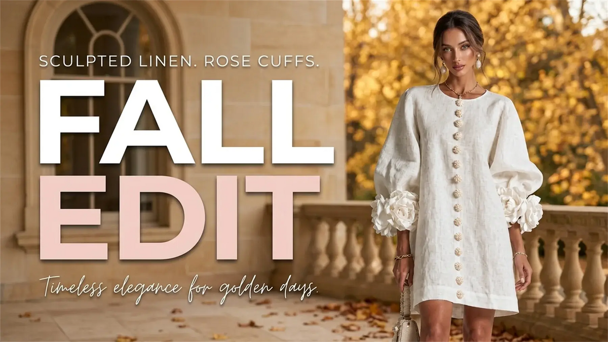 Woman wearing an ivory linen mini dress with balloon sleeves and rose cuffs, Almond Chic autumn dresses