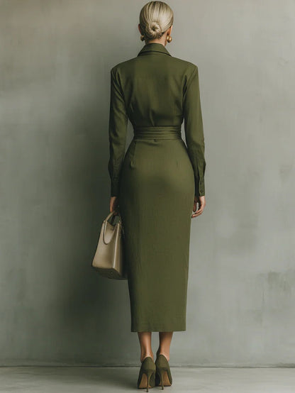 Army green shirt maxi dress, back view