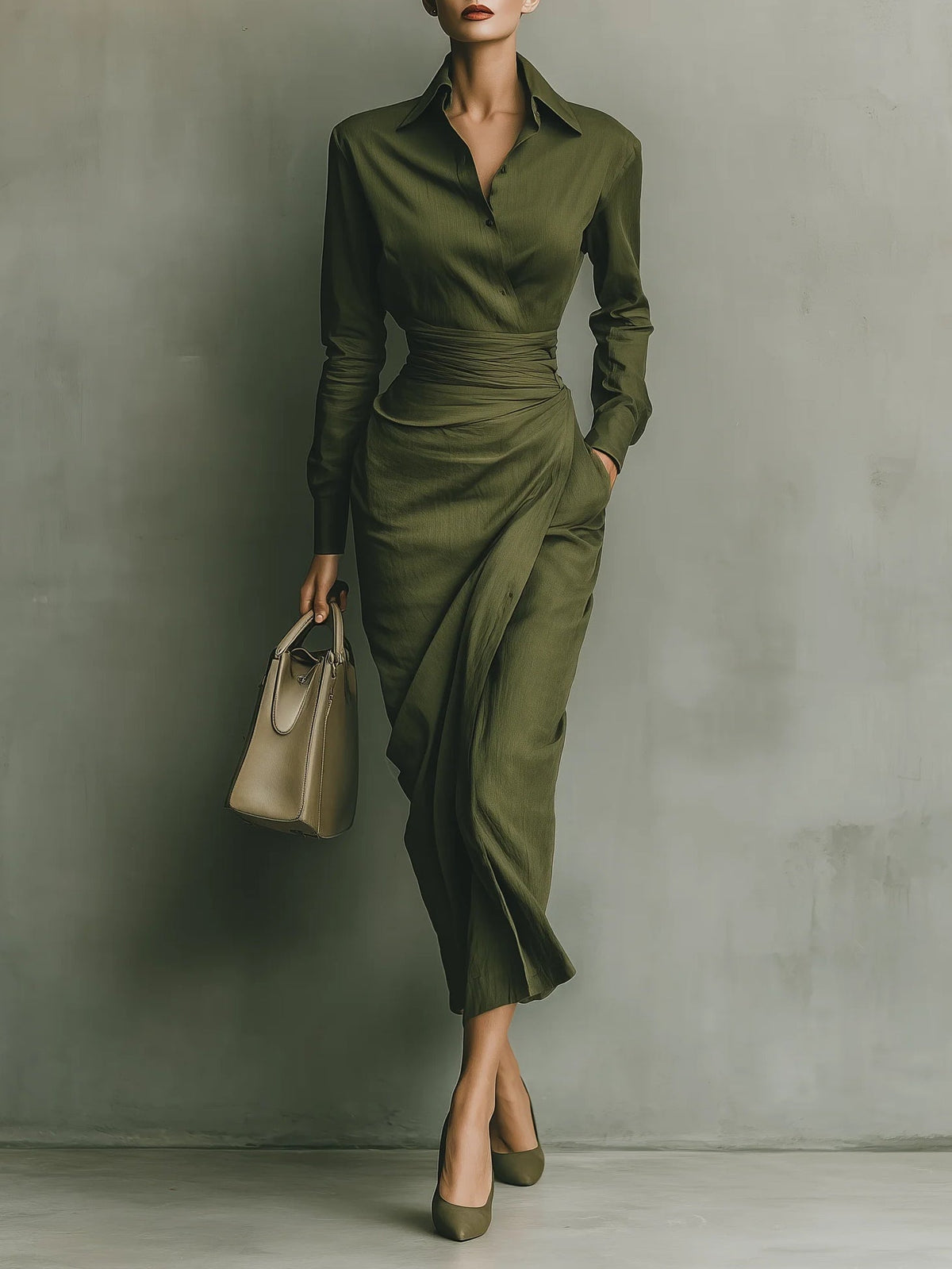 Army green shirt maxi dress with draped skirt, front view