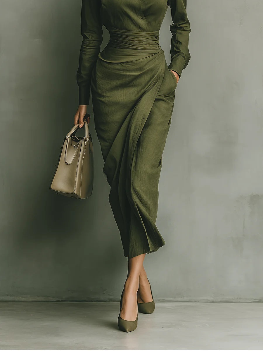 Army green draped maxi skirt detail