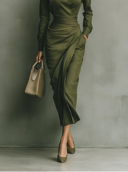 Army green draped maxi skirt detail