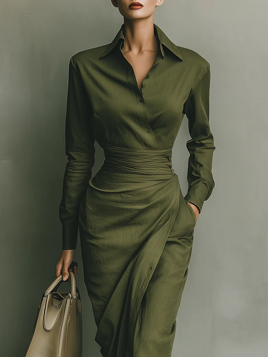 Army green shirt collar and long sleeves detail