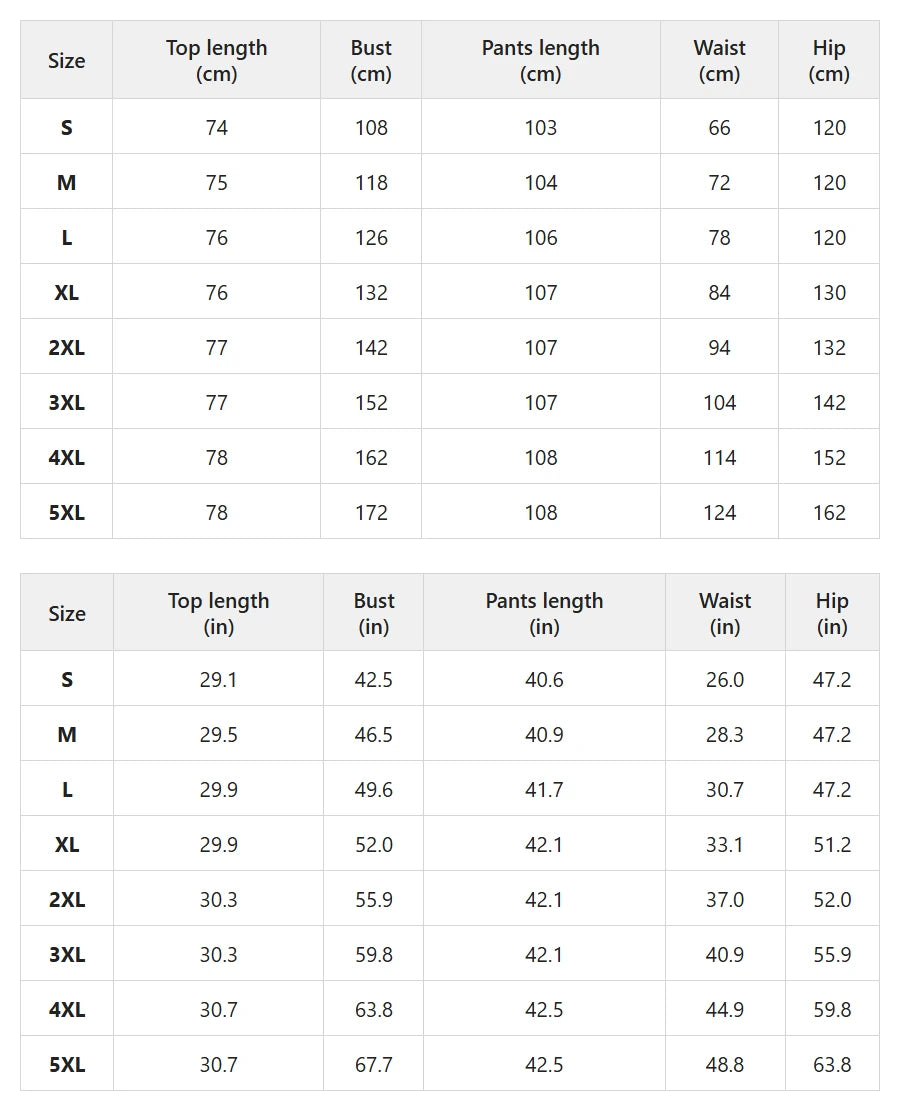 Size chart for asymmetric hem top and wide-leg pants set