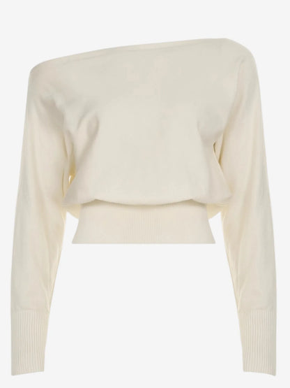 Women's asymmetric off-shoulder sweater with balloon sleeves, product view