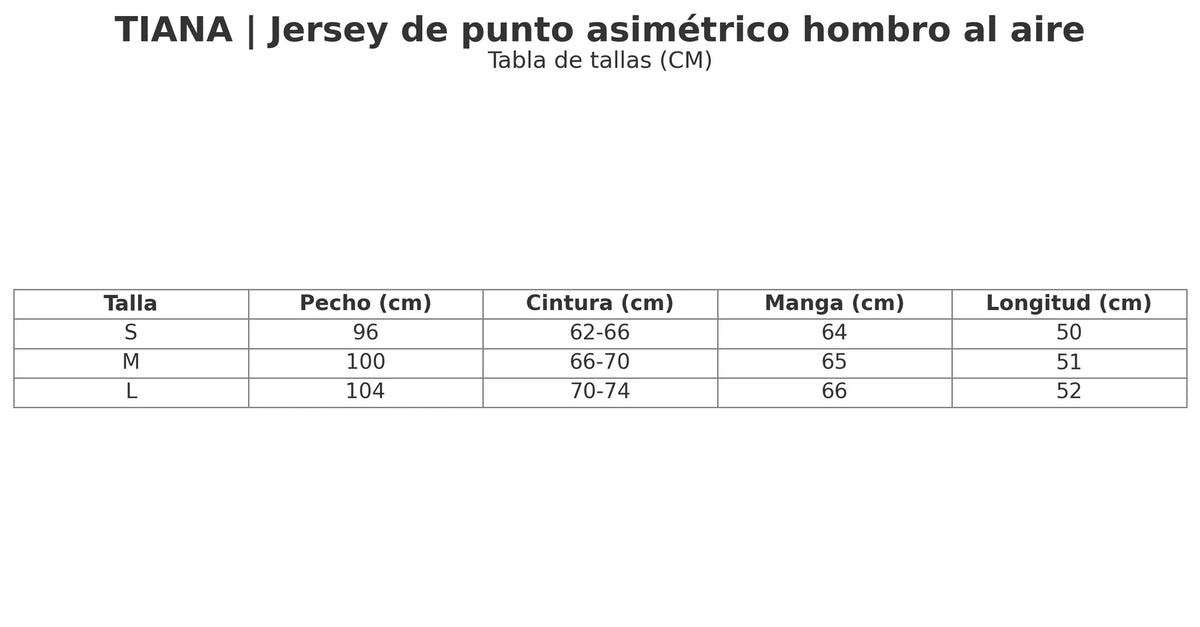 Size chart for the asymmetric off-shoulder sweater with balloon sleeves