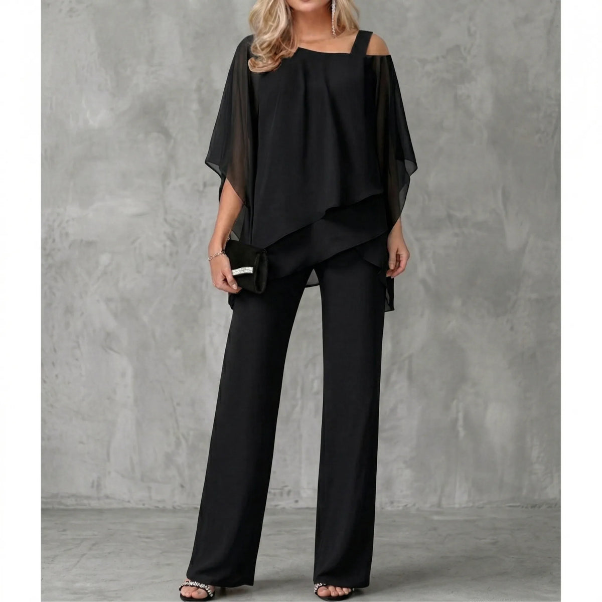 Women's asymmetric off-shoulder top and wide-leg trousers set, black, front view