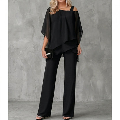 Women's asymmetric off-shoulder top and wide-leg trousers set, black, front view