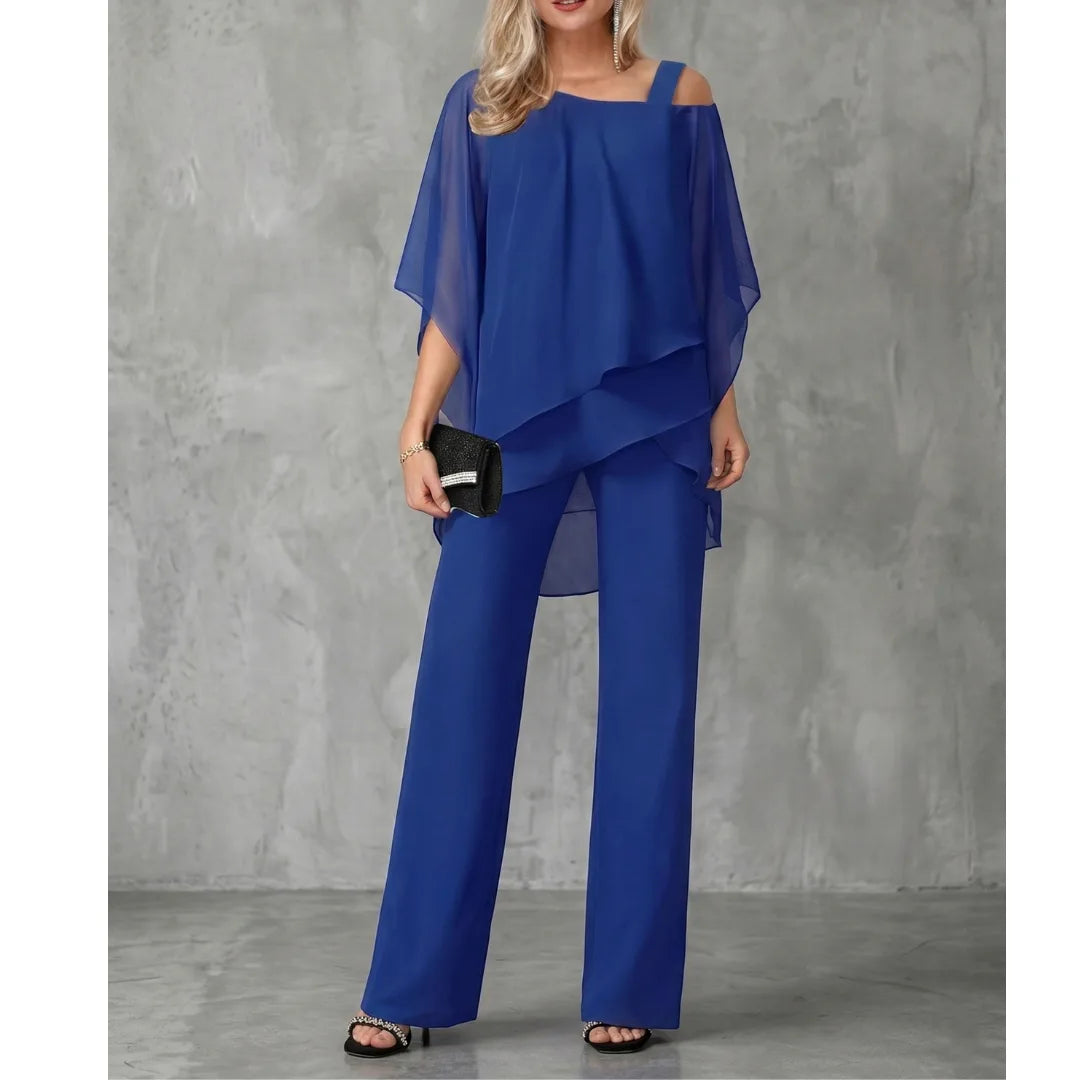 Women's asymmetric off-shoulder top and wide-leg trousers set, blue, front view