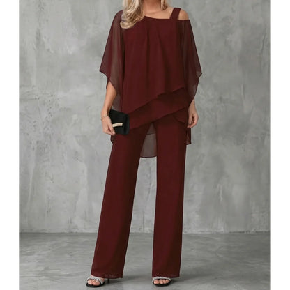 Women's asymmetric off-shoulder top and wide-leg trousers set, burgundy, front view