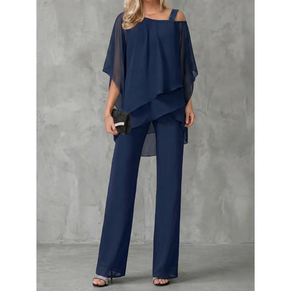 Women's asymmetric off-shoulder top and wide-leg trousers set, navy, front view