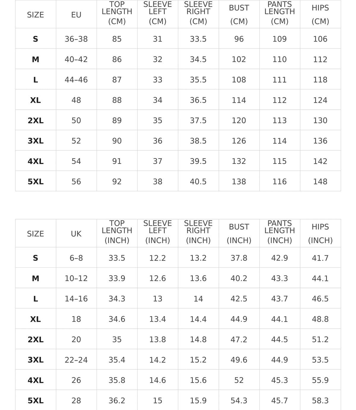 Size chart for the asymmetric off-shoulder top and wide-leg trousers set