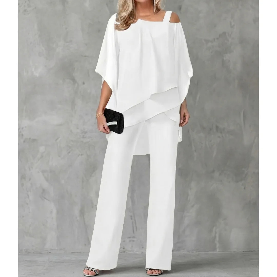 Women's asymmetric off-shoulder top and wide-leg trousers set, white, front view