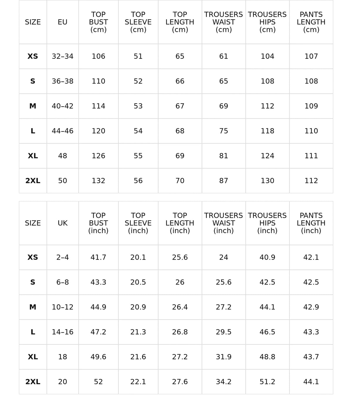 Size chart for baroque print top and wide-leg pants set