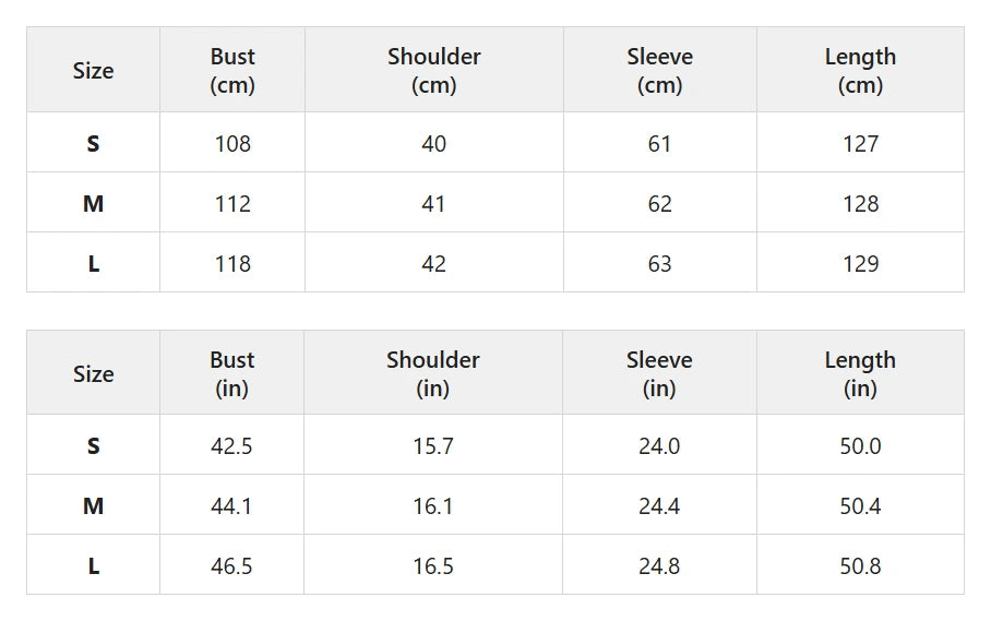 Size chart for belted long coat with plush collar