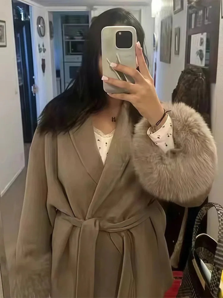 Women's belted wrap coat with fur-style cuffs, beige, front view