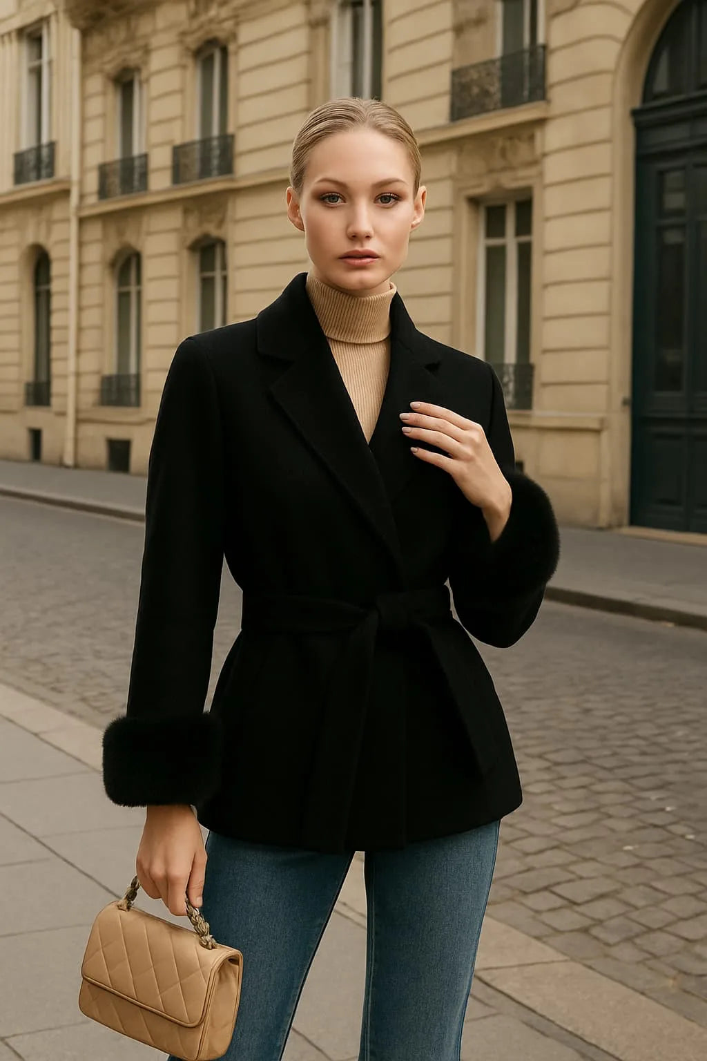 Women's belted wrap coat with fur-style cuffs, black, front view