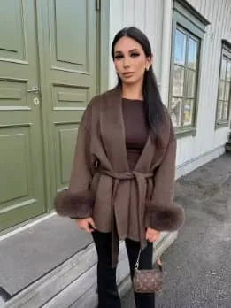 Women's belted wrap coat with fur-style cuffs, brown, front view