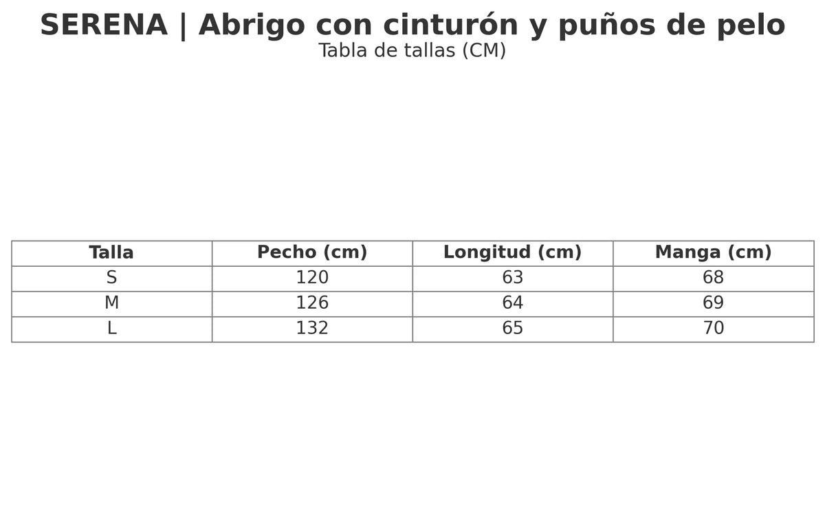 Size chart for the belted wrap coat with fur-style cuffs