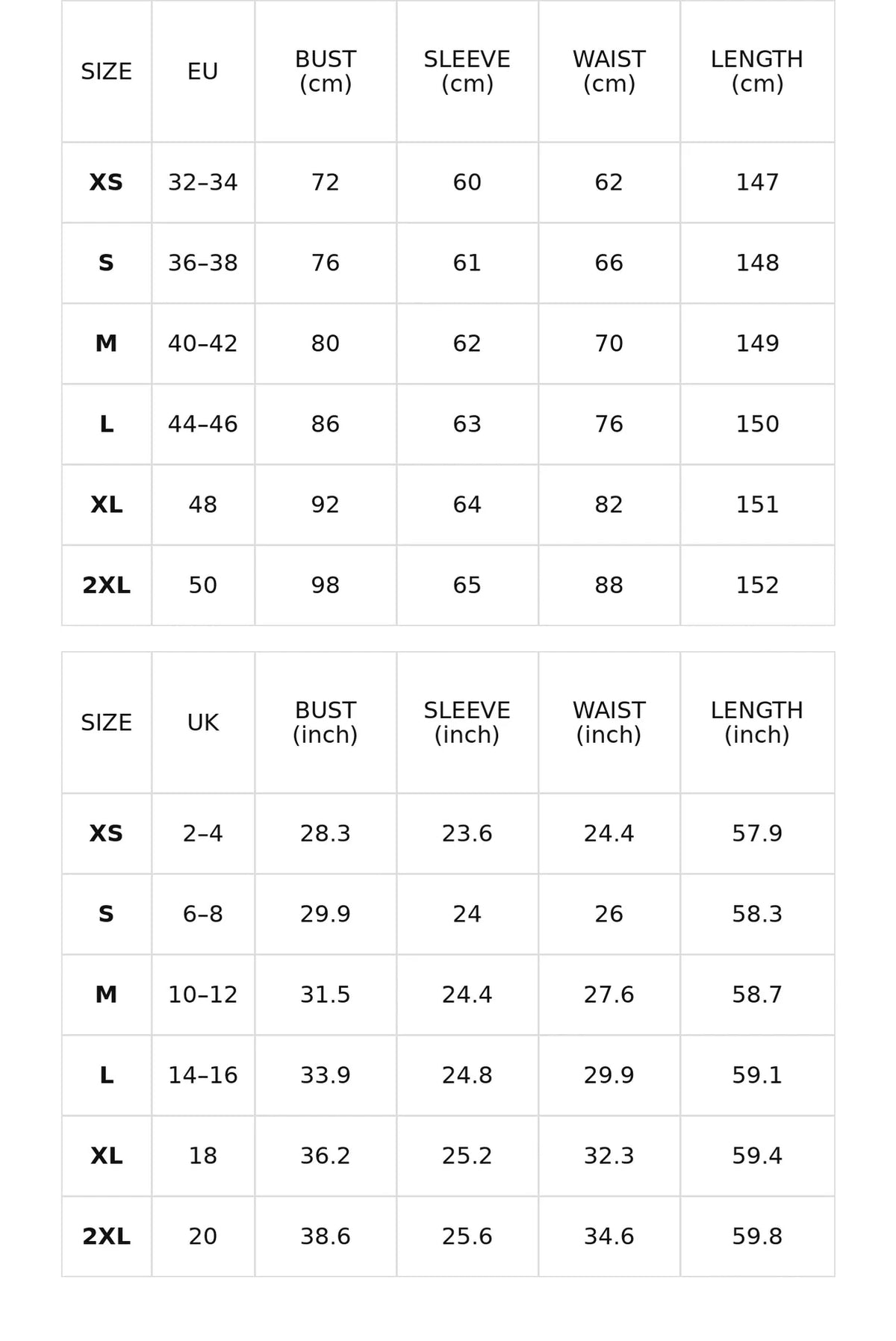 Size chart for the black boat-neck maxi dress with flowing skirt