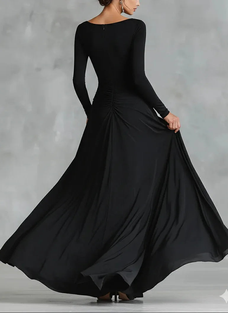 Women's black boat-neck maxi dress with flowing skirt, skirt in motion
