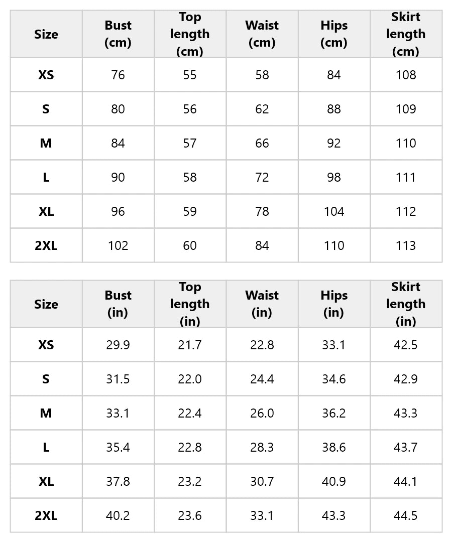 Size chart for the black cami and printed mermaid skirt set