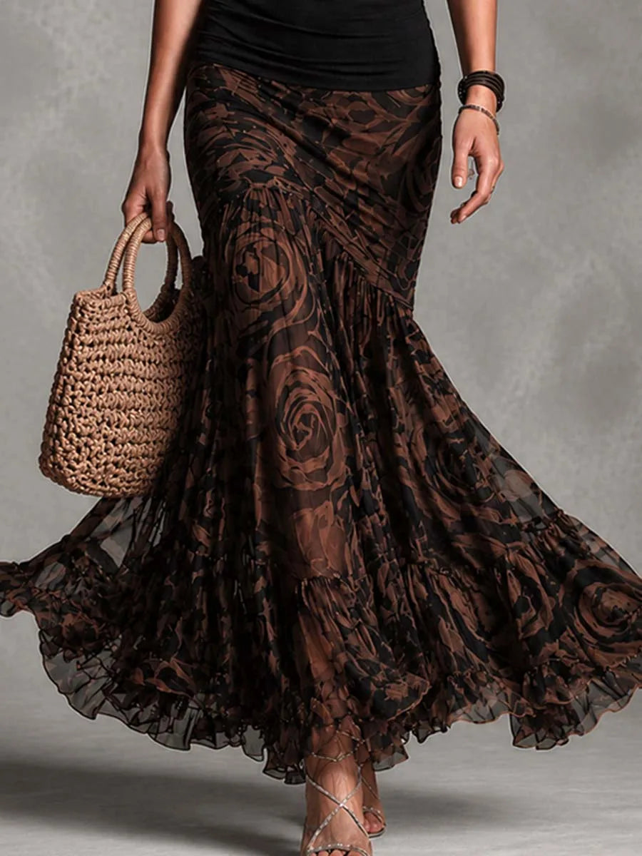 Women's black cami and printed mermaid skirt set, skirt in motion