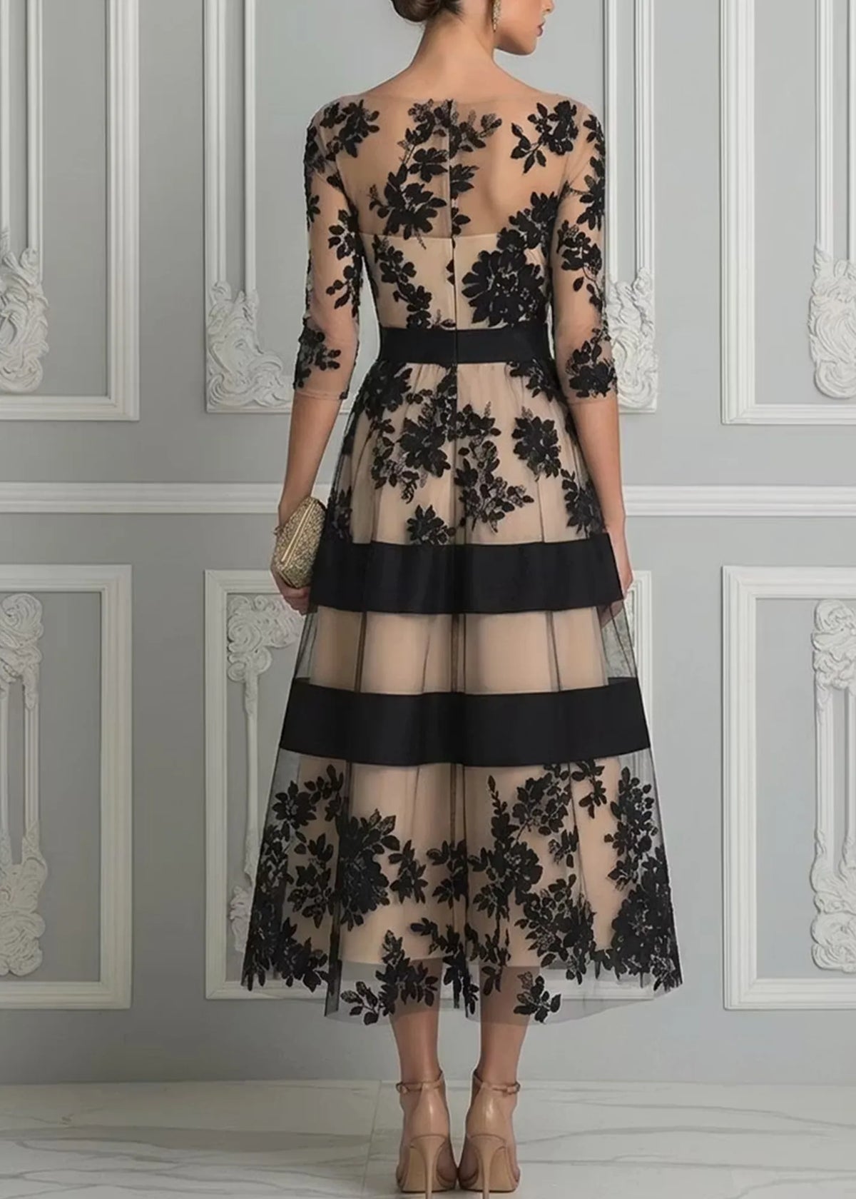 Women's black floral lace midi dress with banded skirt, back view