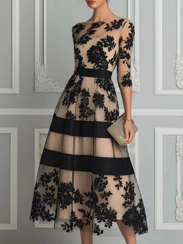Women's black floral lace midi dress with banded skirt, front view