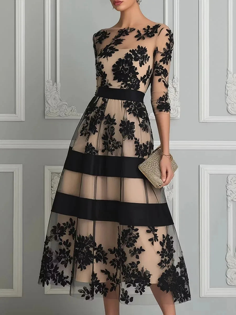 Women's black floral lace midi dress with banded skirt, front view