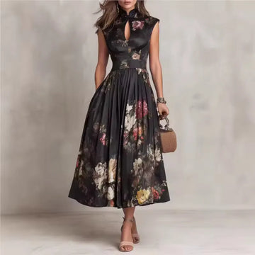 Women's black floral midi dress with mandarin collar and keyhole, front view