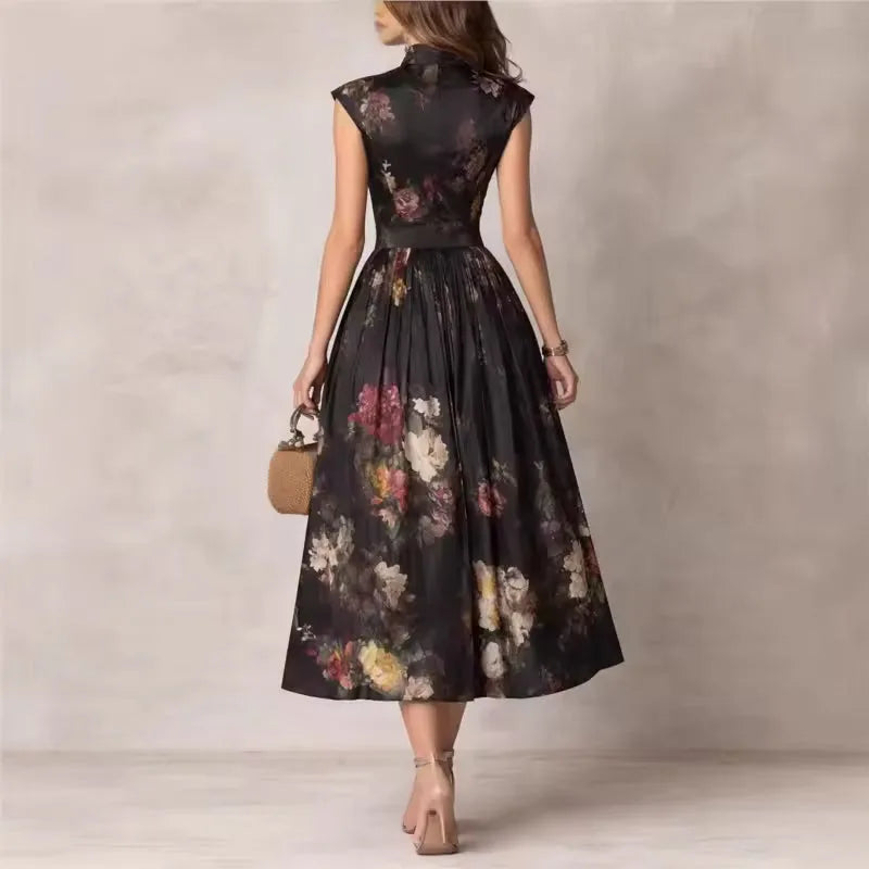 Women's black floral midi dress with mandarin collar and keyhole, side view