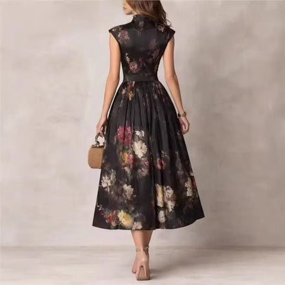 Women's black floral midi dress with mandarin collar and keyhole, side view