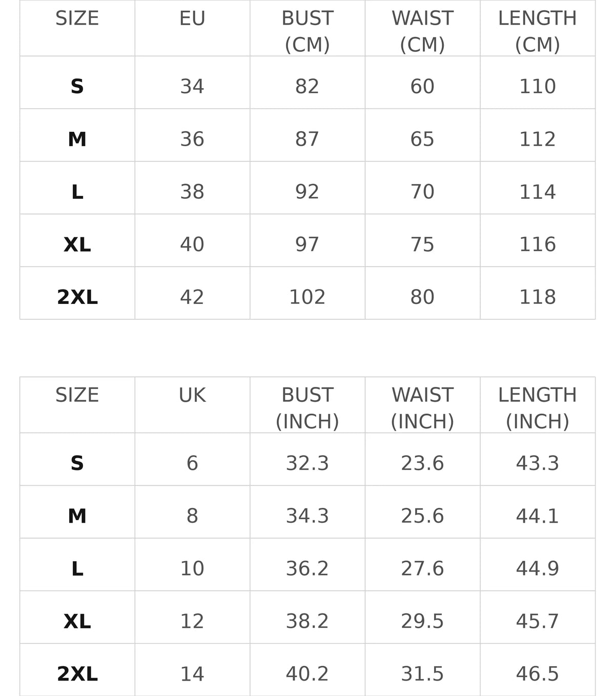 Size chart for the black floral midi dress with mandarin collar and keyhole