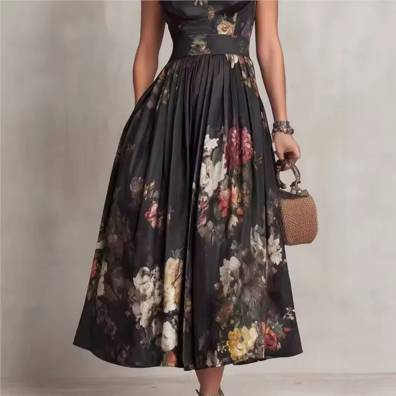 Women's black floral midi dress with mandarin collar and keyhole, three-quarter view
