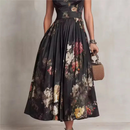 Women's black floral midi dress with mandarin collar and keyhole, three-quarter view