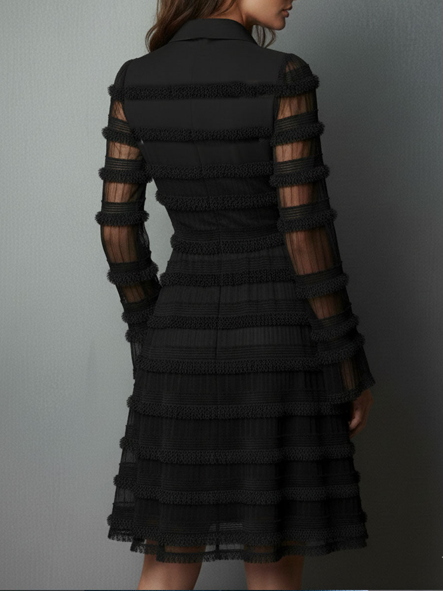 Black fringe mini dress, back view