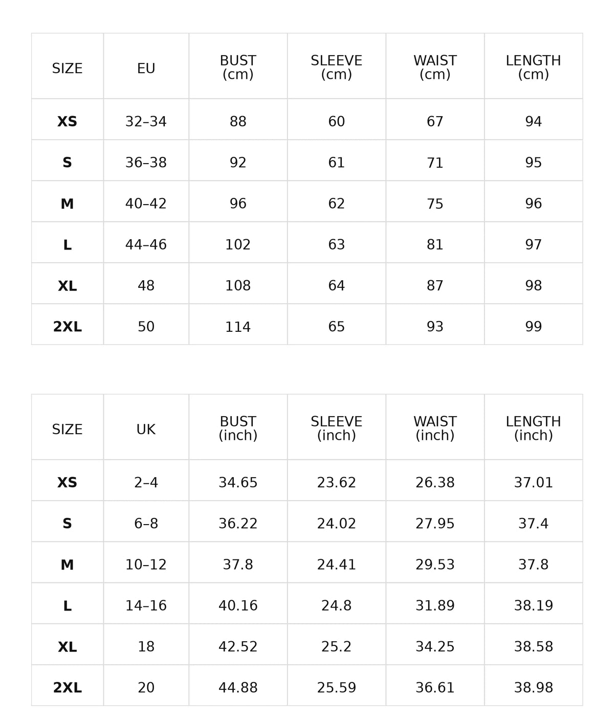 Size chart for the black fringe mini dress with sheer layers