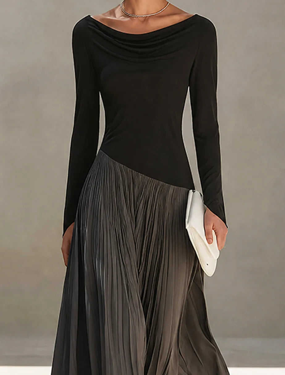 Women's black and grey color-block pleated maxi dress, close-up of the draped neckline