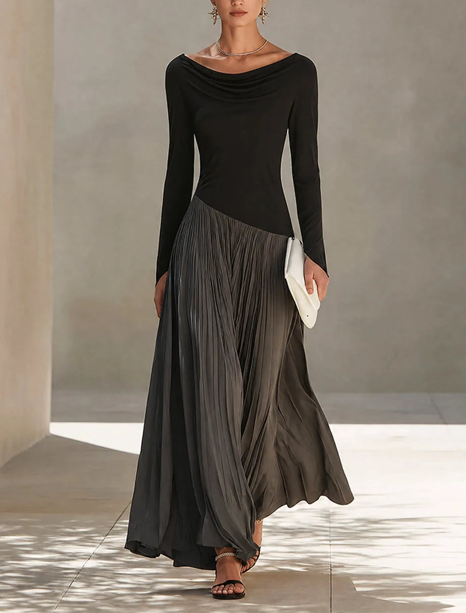 Women's black and grey color-block pleated maxi dress, front view