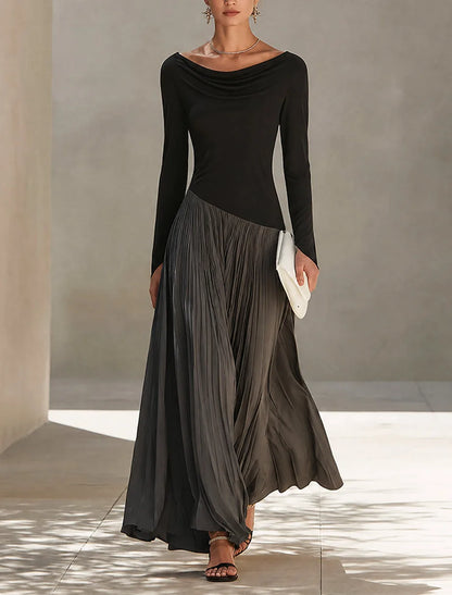 Women's black and grey color-block pleated maxi dress, front view