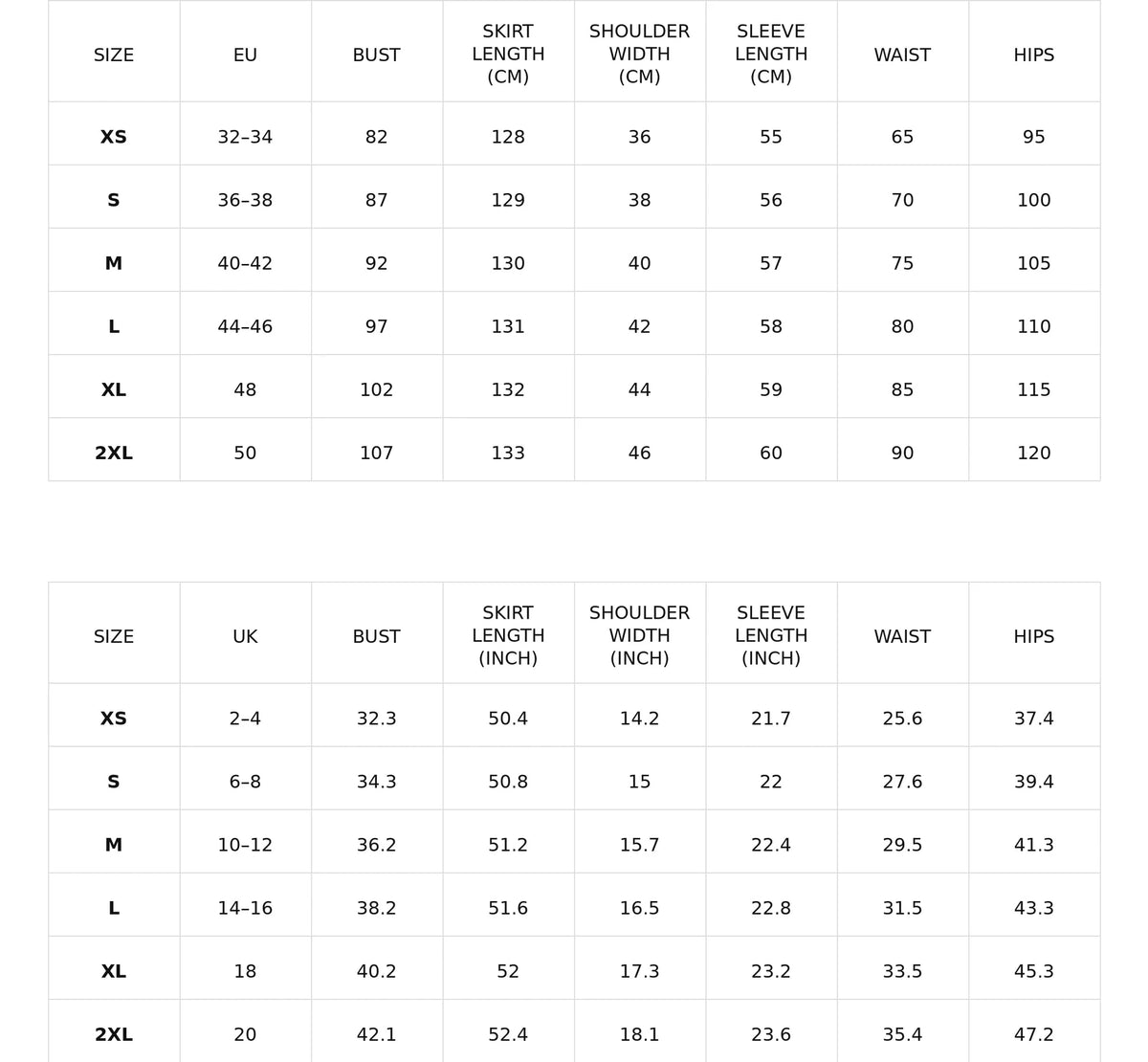 Size chart for the black lace deep v-neck mermaid maxi dress