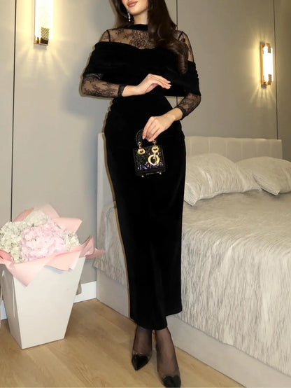 Black maxi dress with lace, full-length look