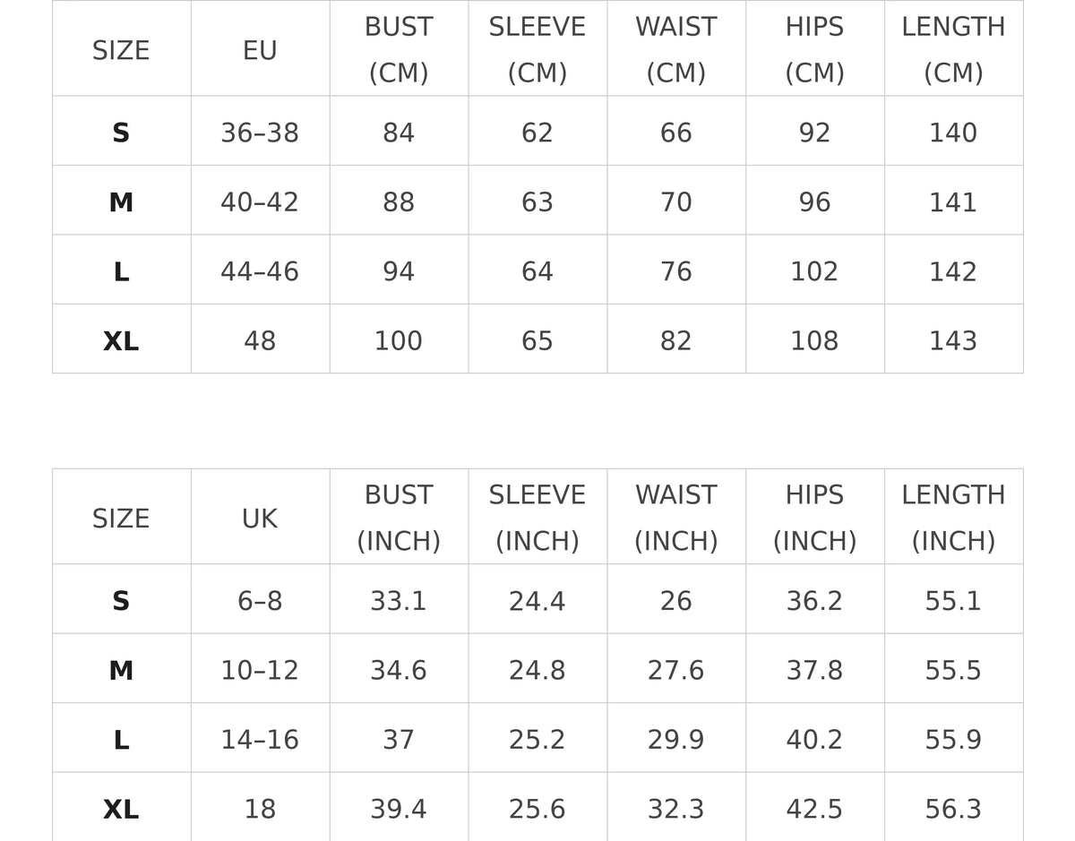 Size chart for the black lace-detail fitted maxi dress