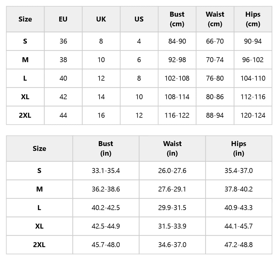 Size chart for the black maxi dress with sheer layers and long sleeves