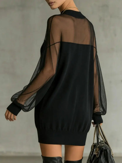 Black mesh high-neck mini dress, back view